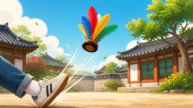 발로 제기를 차 올리는 제기차기 장면